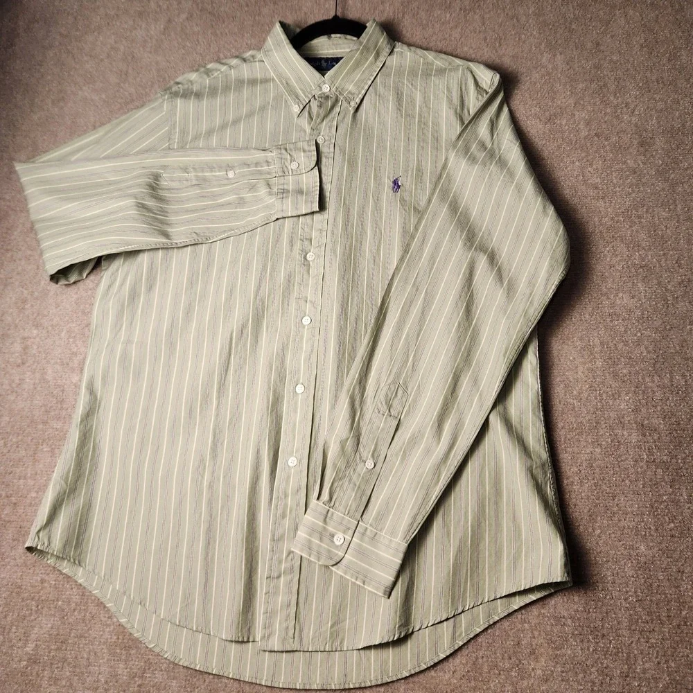 Ralph Lauren Button Down Shirt Mens L‎ Green Striped Long Sleeve Excellent Pony